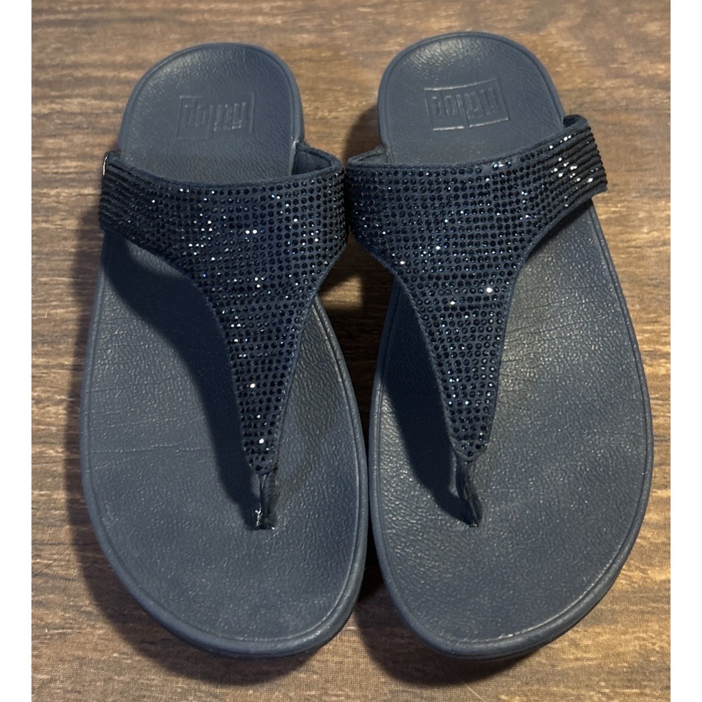 Fitflop Women's Size 7 Lulu Crystal Embellished Toe-Post Sandals Midnight Navy